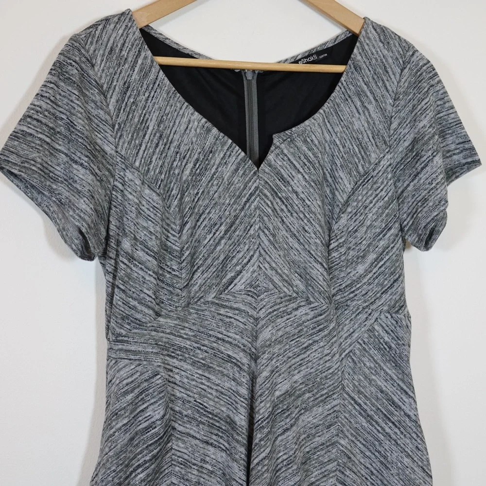 eShakti Gray‎ Fit Flare Midi Dress Medium A Line Notch Neck Work Office Lined